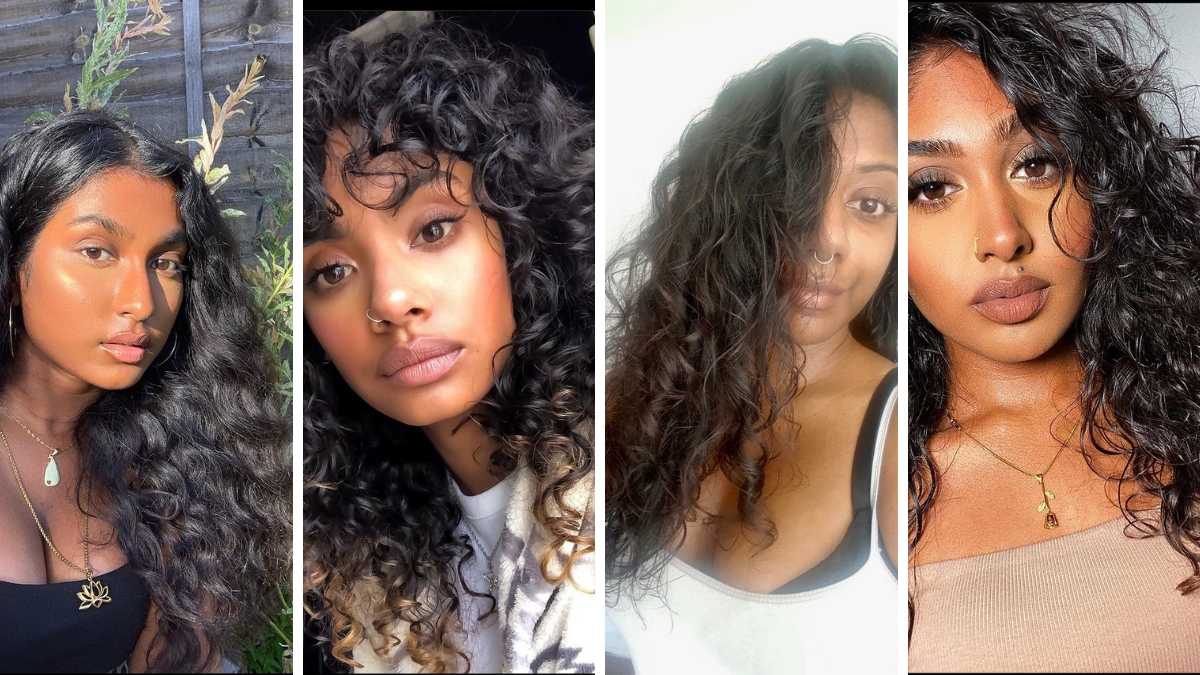 A collage of dark skin south asian women with loose curly hair